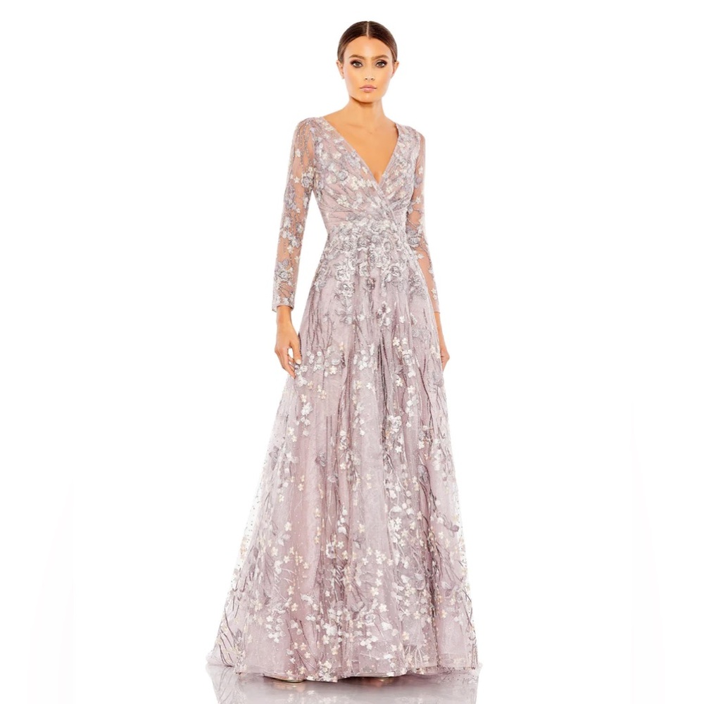 Mac Duggal 20402 Size 16 EMBELLISHED WRAP OVER ILLUSION LONG SLEEVE A LINE GOWN